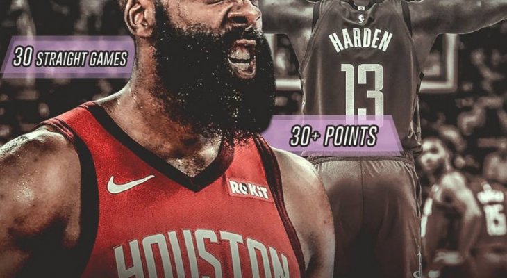 30 مباراة لجايمس هاردن سجل فيها 30 نقطة على الاقل في مباريات NBA