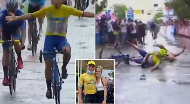 شاهدوا متصدر سباق كولومبيا يصطدم بزوجته بعد حسم المرحلة الثالثة
